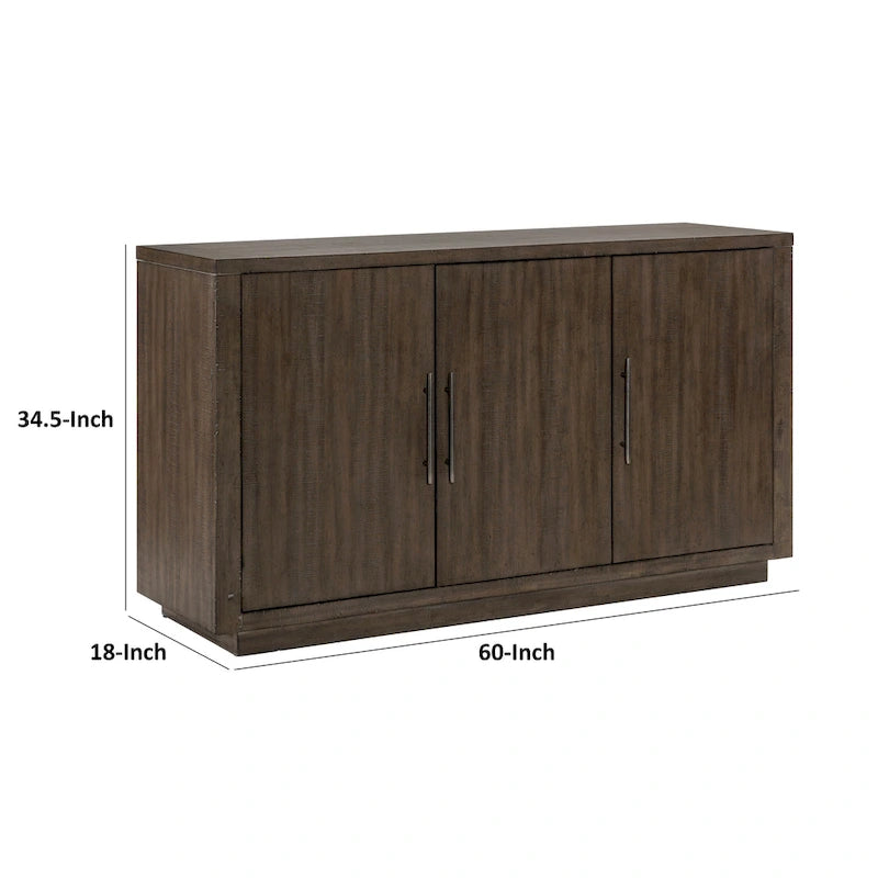 60 Inch Sideboard Buffet Server, 3 Cabinets, Adjustable Shelves, Brown