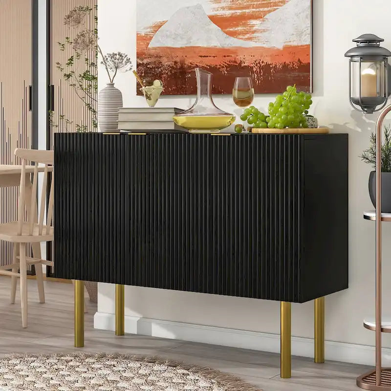 47-Inch Black Sideboard with Gold Legs, Pinstripe Doors and Adjustable Shelves