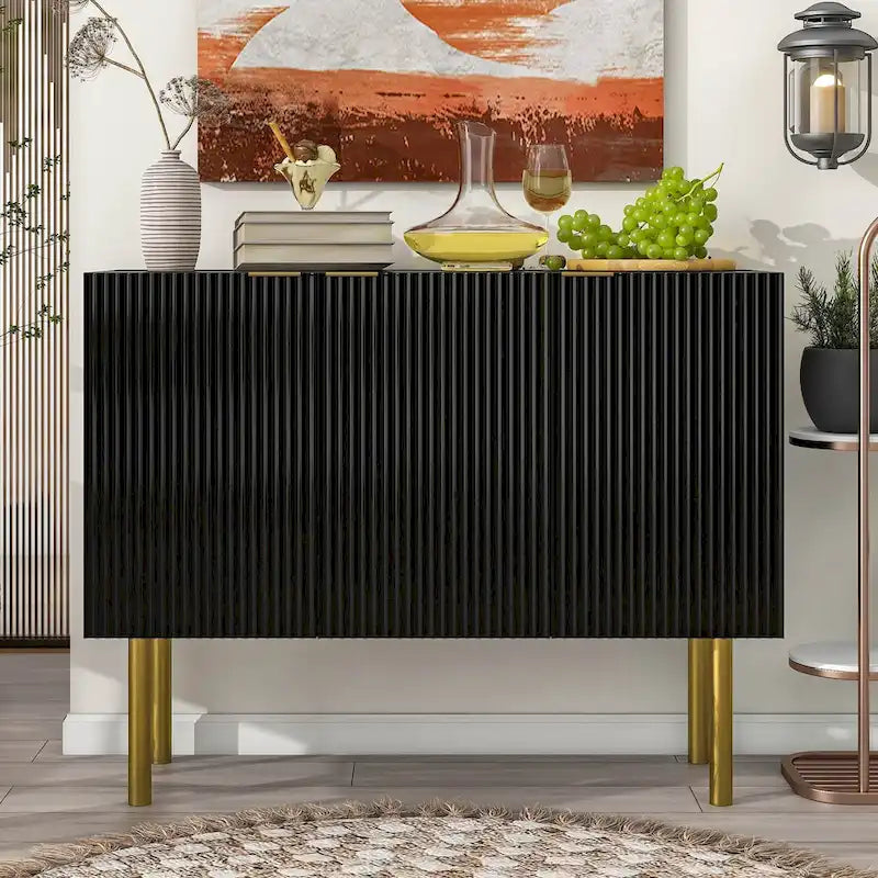 47-Inch Black Sideboard with Gold Legs, Pinstripe Doors and Adjustable Shelves