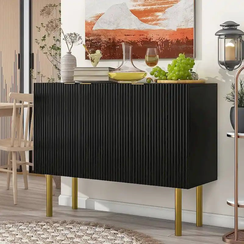 47-Inch Black Sideboard with Gold Legs, Pinstripe Doors and Adjustable Shelves