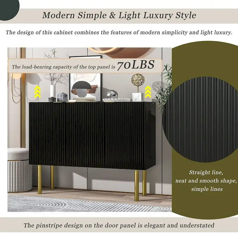 47-Inch Black Sideboard with Gold Legs, Pinstripe Doors and Adjustable Shelves