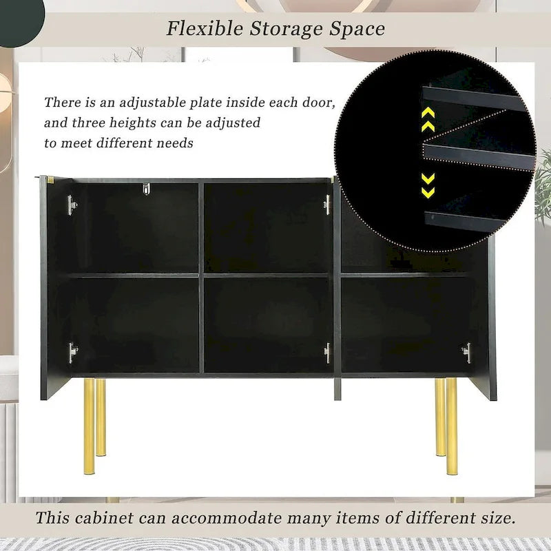 47-Inch Black Sideboard with Gold Legs, Pinstripe Doors and Adjustable Shelves