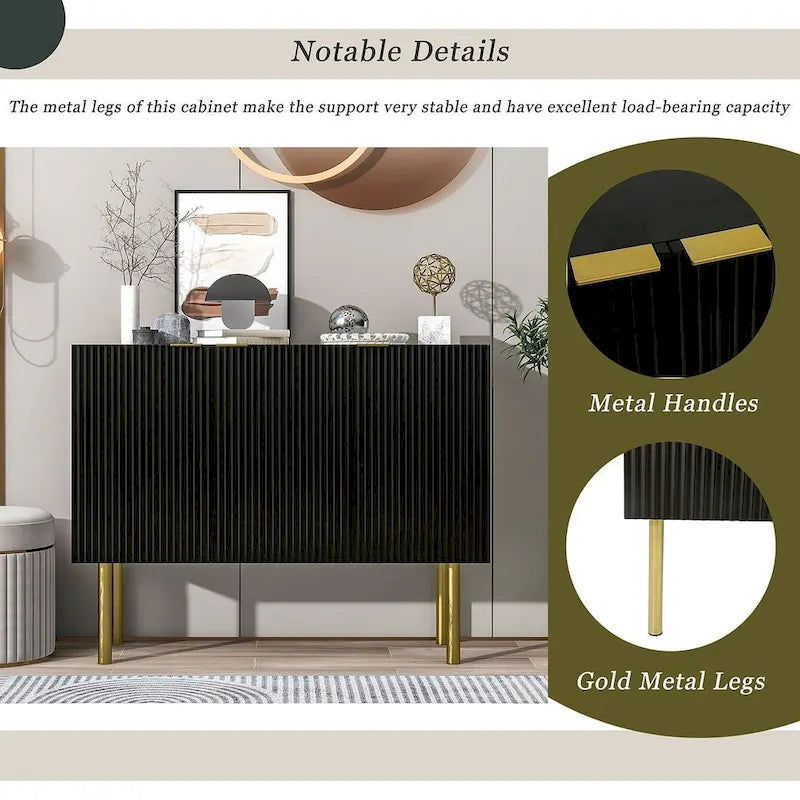 47-Inch Black Sideboard with Gold Legs, Pinstripe Doors and Adjustable Shelves