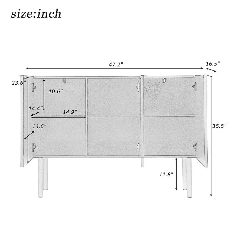 47-Inch Black Sideboard with Gold Legs, Pinstripe Doors and Adjustable Shelves