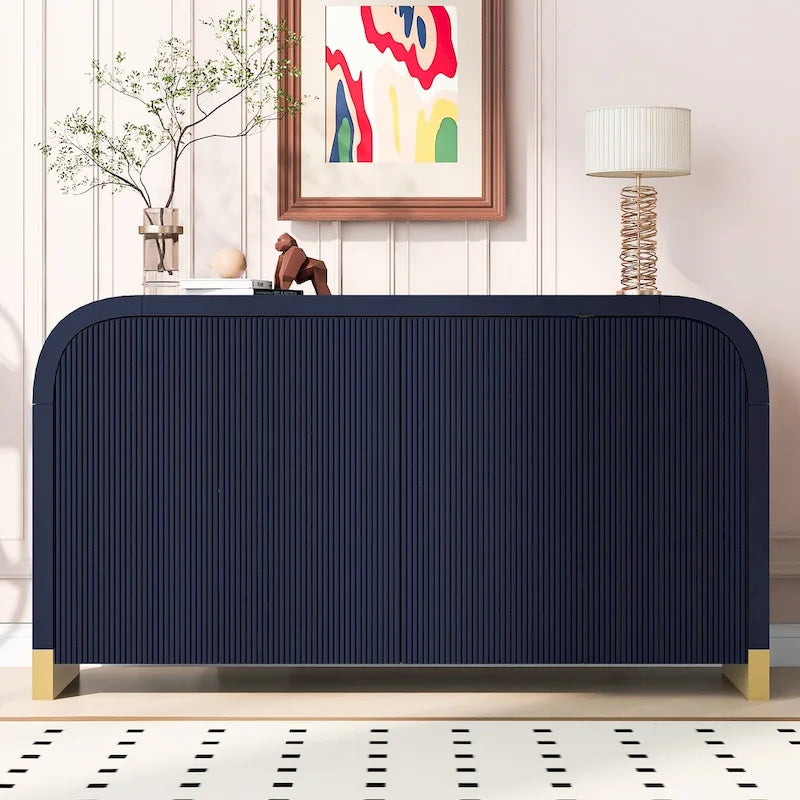 4-Door Curved Corner Cabinet with Wavy Door Panels and Adjustable Shelves