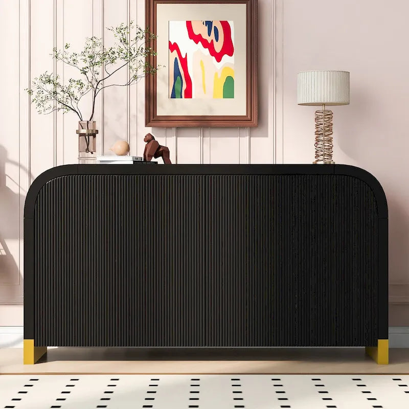 4-Door Curved Corner Cabinet with Wavy Door Panels and Adjustable Shelves