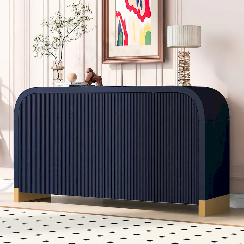 4-Door Curved Corner Cabinet with Wavy Door Panels and Adjustable Shelves