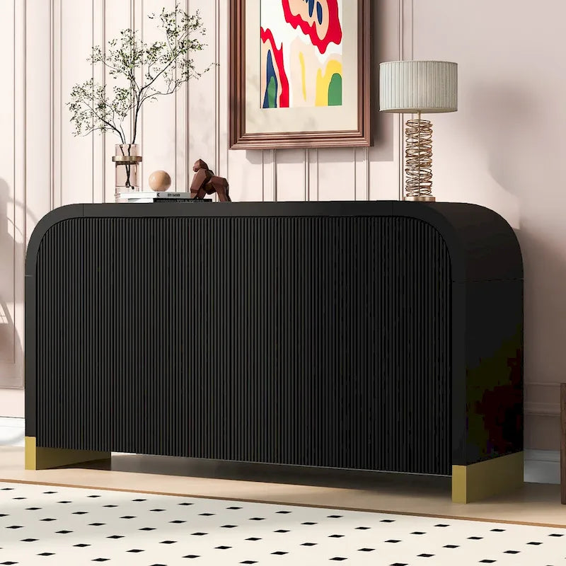 4-Door Curved Corner Cabinet with Wavy Door Panels and Adjustable Shelves