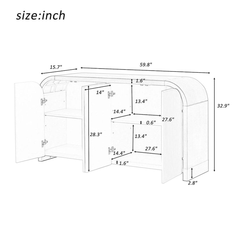 4-Door Curved Corner Cabinet with Wavy Door Panels and Adjustable Shelves