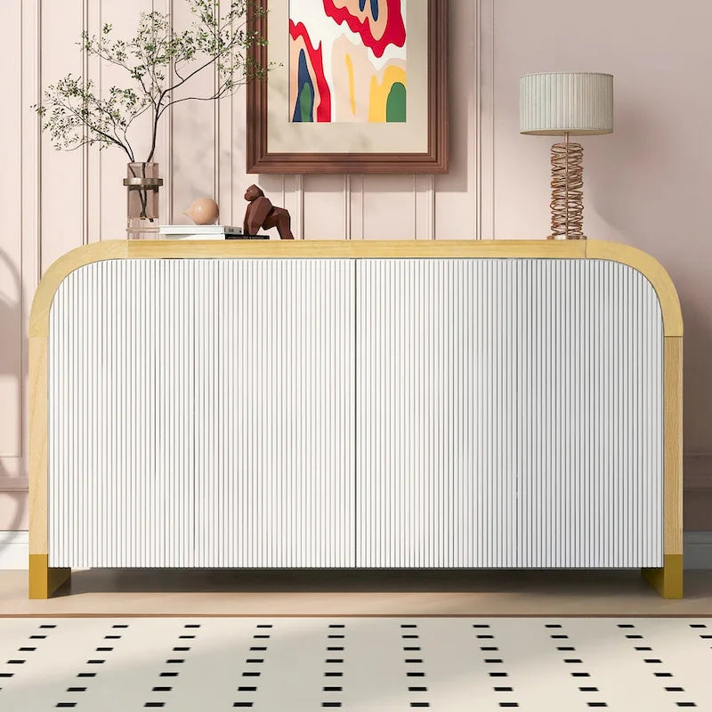 4-Door Curved Corner Cabinet with Wavy Door Panels and Adjustable Shelves