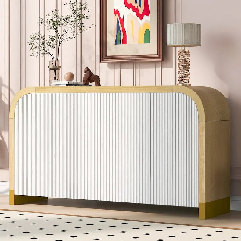 4-Door Curved Corner Cabinet with Wavy Door Panels and Adjustable Shelves