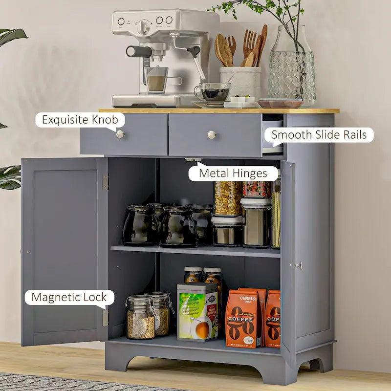 Double Door Kitchen Sideboard Buffet Cabinet with 2 Drawers and Adjustable Shelf