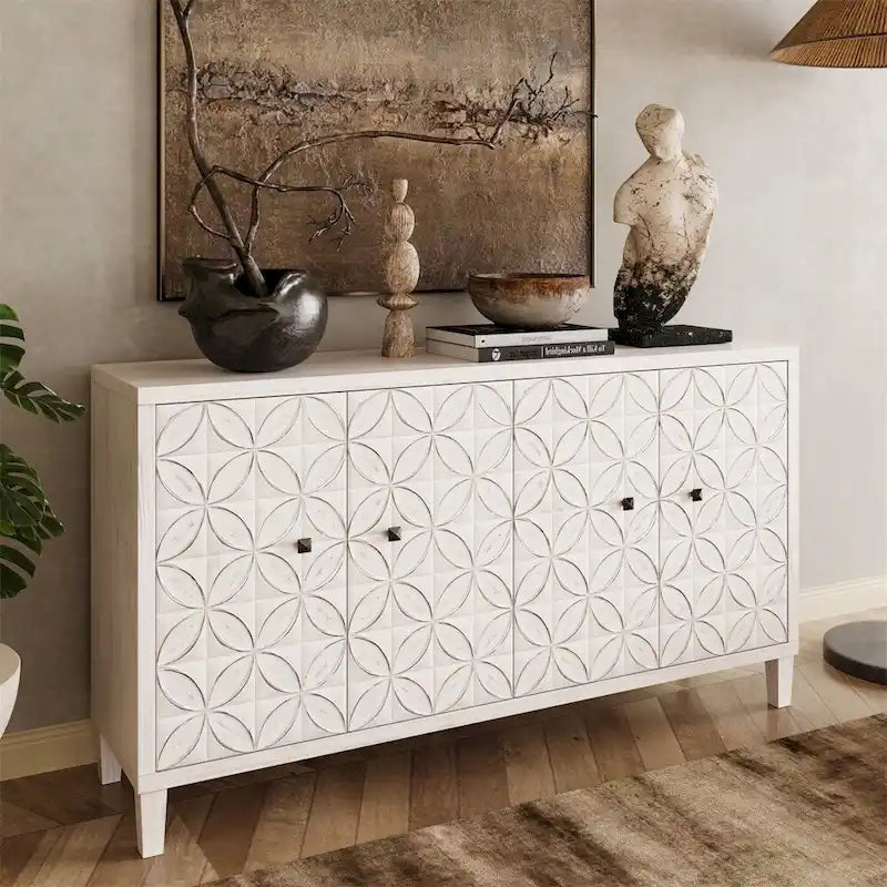 4-Door Accent Sideboard Buffet Cabinet with White Wash Finish and Adjustable Shelves