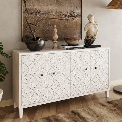 4-Door Accent Sideboard Buffet Cabinet with White Wash Finish and Adjustable Shelves