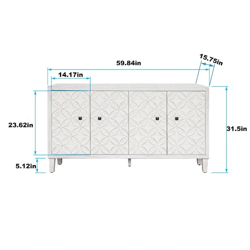 4-Door Accent Sideboard Buffet Cabinet with White Wash Finish and Adjustable Shelves