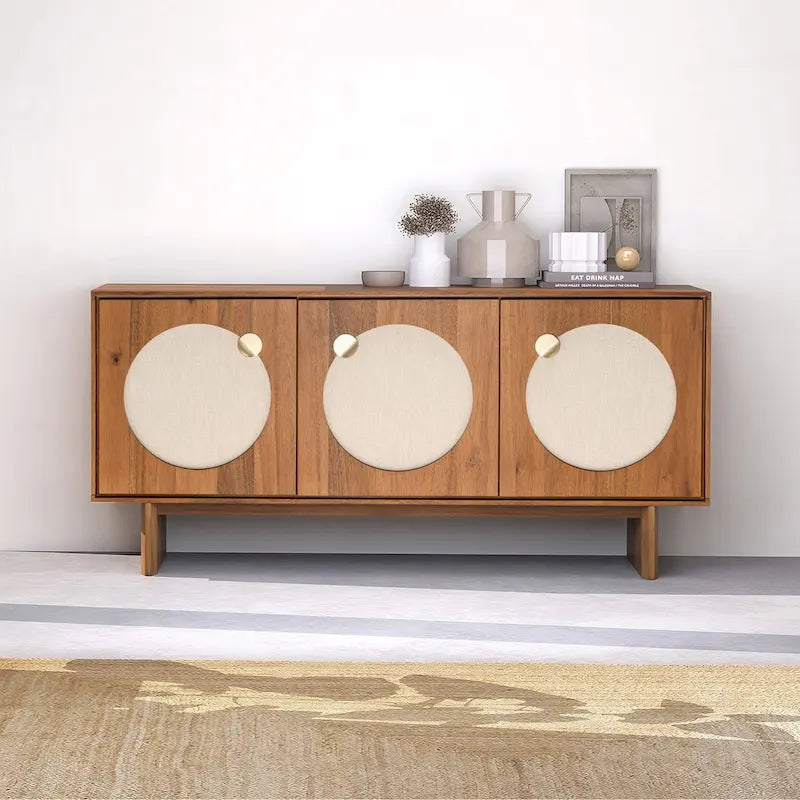Wide Walnut Effect Sideboard with Fabric Door Panels, Soft-Close Doors and Cable Management