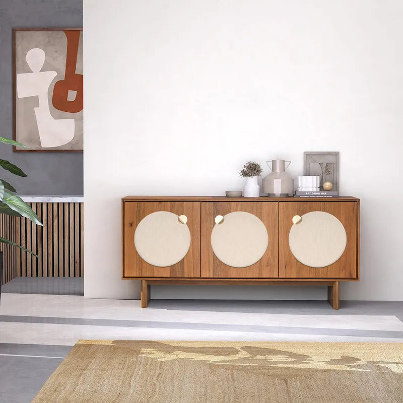 Wide Walnut Effect Sideboard with Fabric Door Panels, Soft-Close Doors and Cable Management