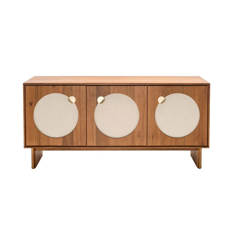 Wide Walnut Effect Sideboard with Fabric Door Panels, Soft-Close Doors and Cable Management