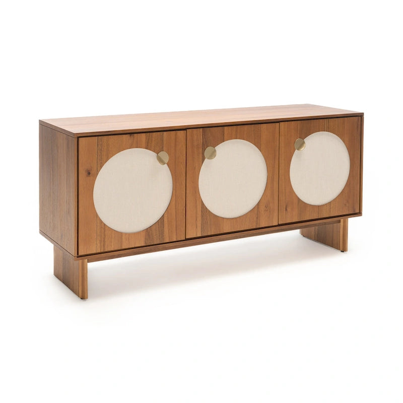 Wide Walnut Effect Sideboard with Fabric Door Panels, Soft-Close Doors and Cable Management