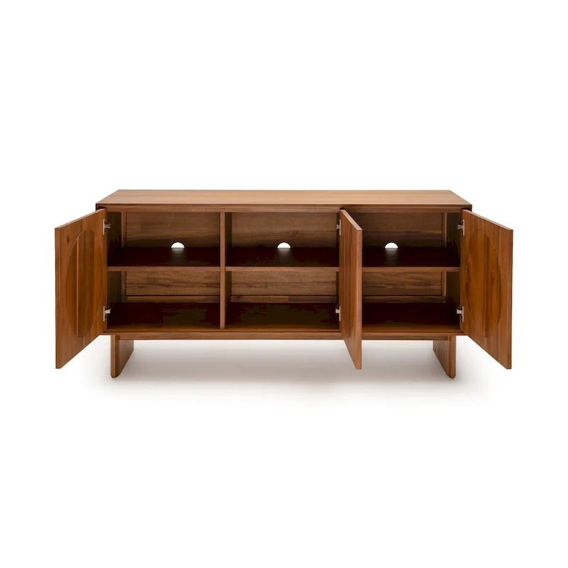 Wide Walnut Effect Sideboard with Fabric Door Panels, Soft-Close Doors and Cable Management