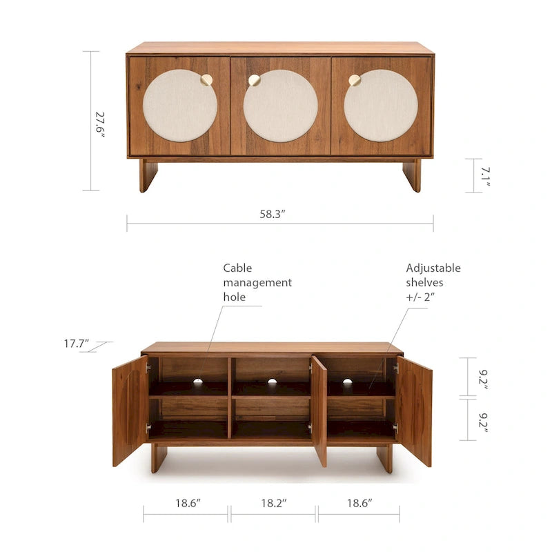 Wide Walnut Effect Sideboard with Fabric Door Panels, Soft-Close Doors and Cable Management
