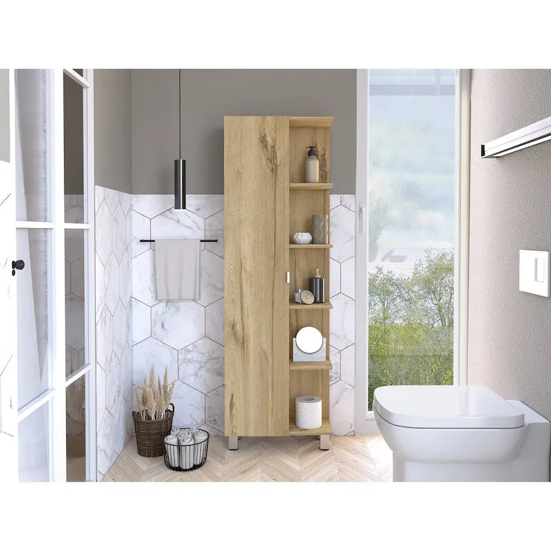 Grey Linen Cabinet with 4 Interior Shelves and 5 External Shelves, Particle Board