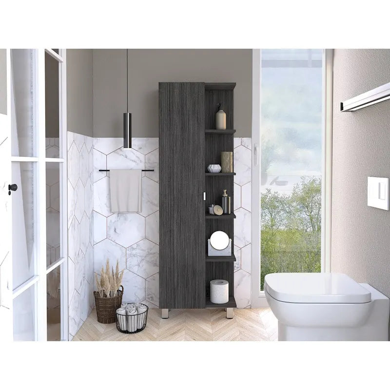 Grey Linen Cabinet with 4 Interior Shelves and 5 External Shelves, Particle Board