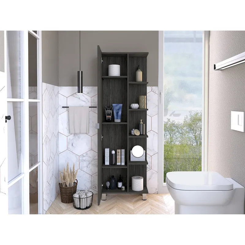 Grey Linen Cabinet with 4 Interior Shelves and 5 External Shelves, Particle Board