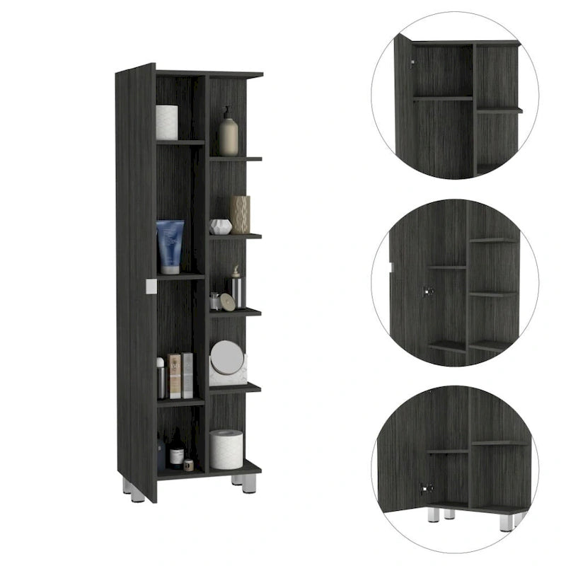 Grey Linen Cabinet with 4 Interior Shelves and 5 External Shelves, Particle Board
