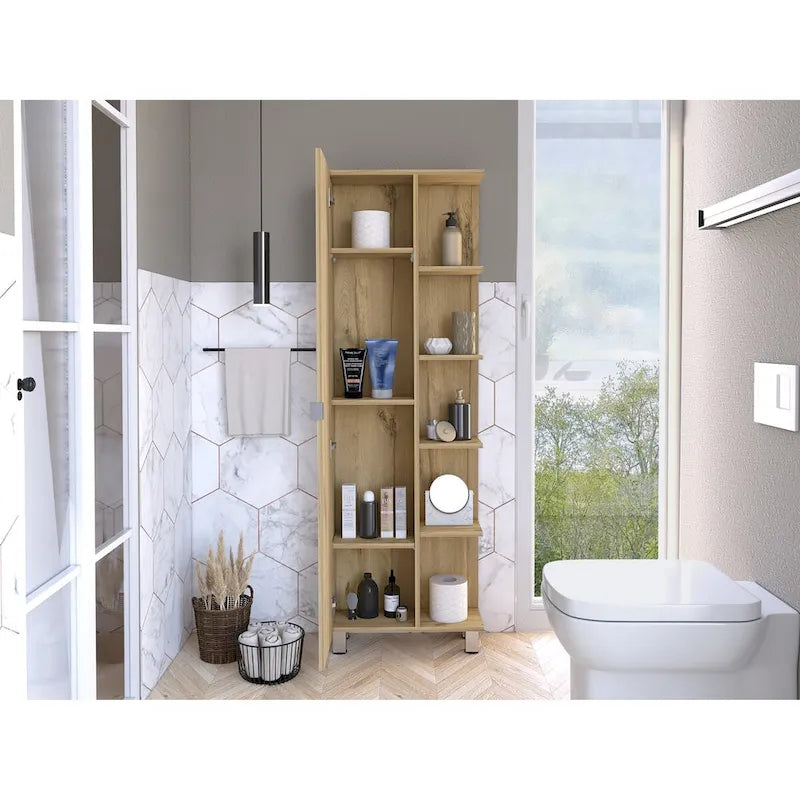 Grey Linen Cabinet with 4 Interior Shelves and 5 External Shelves, Particle Board