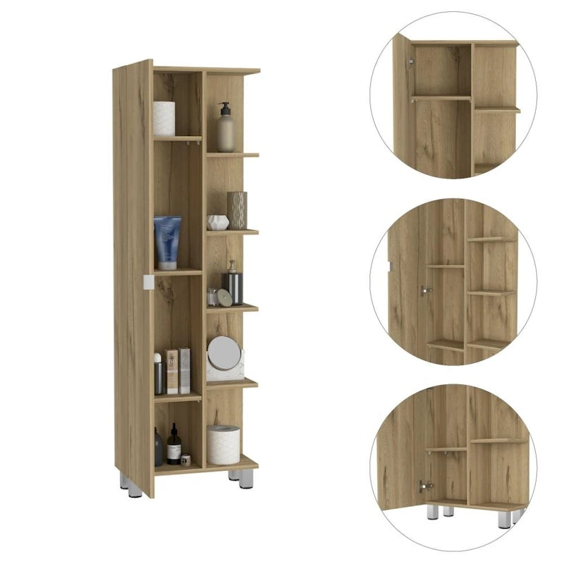 Grey Linen Cabinet with 4 Interior Shelves and 5 External Shelves, Particle Board