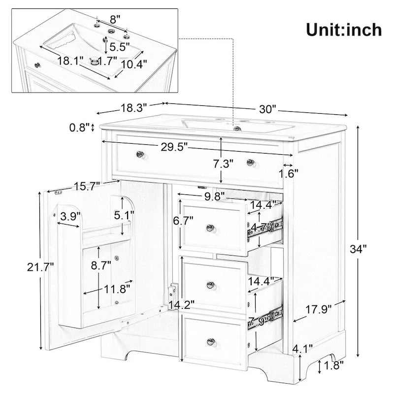 Bathroom Vanity Cabinet with Ceramic Sink Top, 1 Door and 2 Drawers, Painted Finish