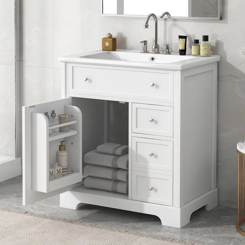 Bathroom Vanity Cabinet with Ceramic Sink Top, 1 Door and 2 Drawers, Painted Finish