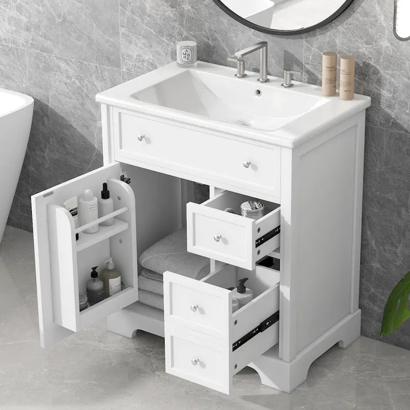 Bathroom Vanity Cabinet with Ceramic Sink Top, 1 Door and 2 Drawers, Painted Finish