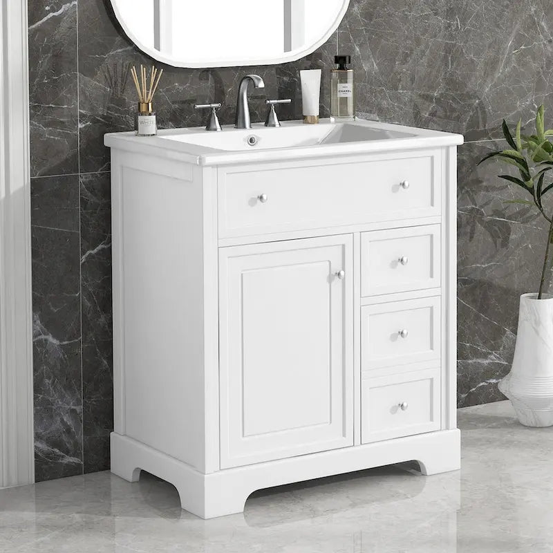 Bathroom Vanity Cabinet with Ceramic Sink Top, 1 Door and 2 Drawers, Painted Finish