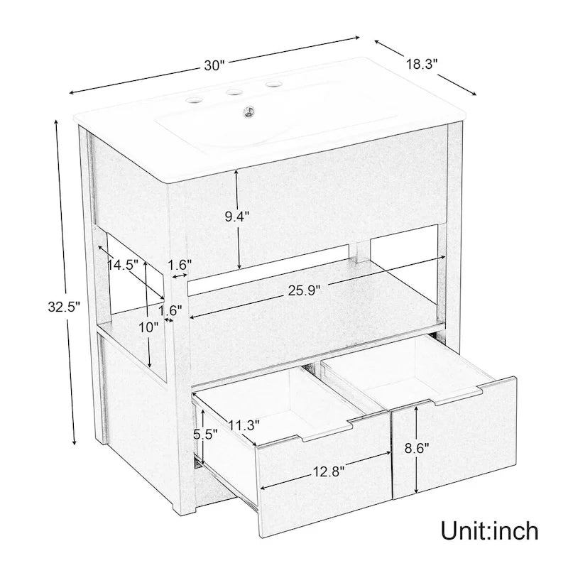 Bathroom Cabinet with Open Storage Shelf and Two Drawers