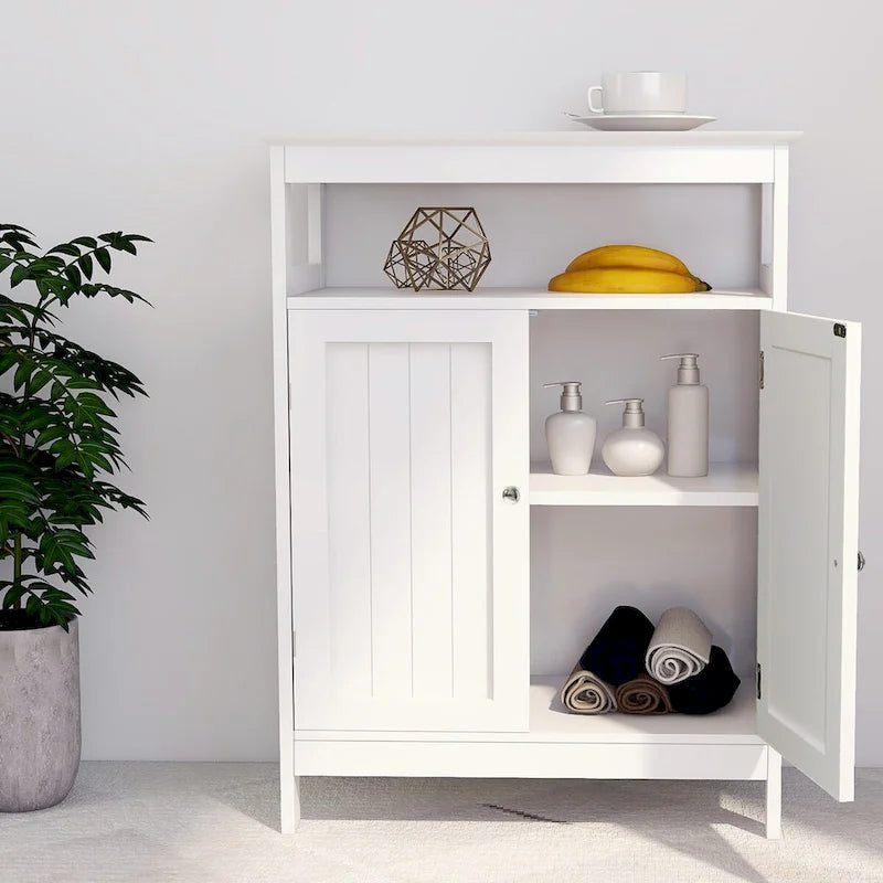 White Bathroom Standing Storage Cabinet with Double Doors, Open Shelf and Anti-Toppling Fittings