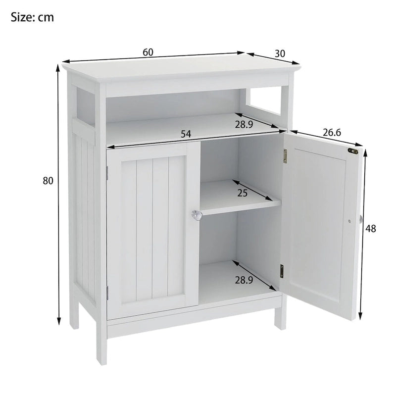 White Bathroom Standing Storage Cabinet with Double Doors, Open Shelf and Anti-Toppling Fittings