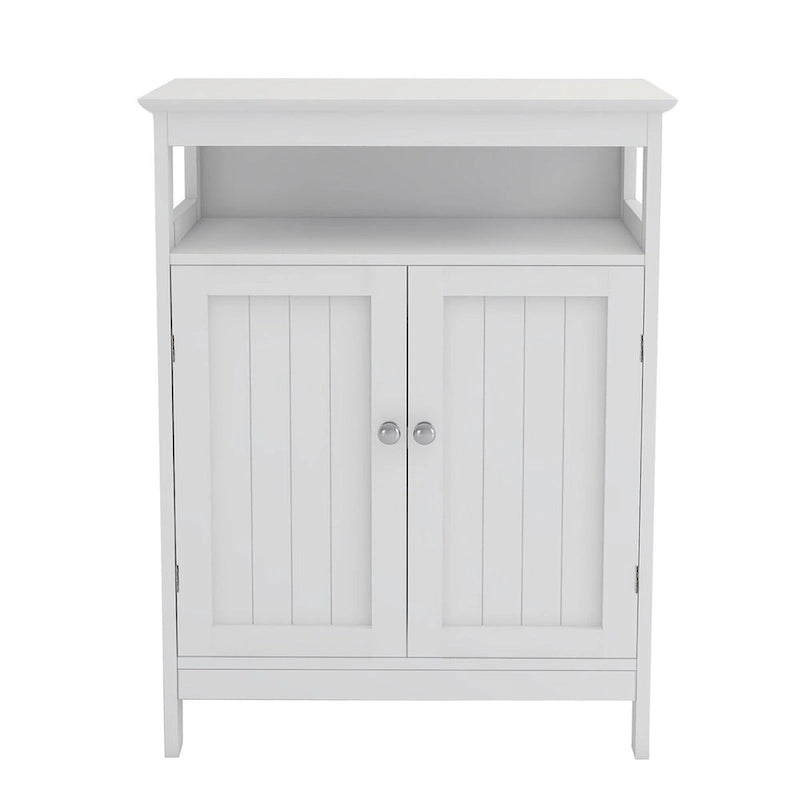 White Bathroom Standing Storage Cabinet with Double Doors, Open Shelf and Anti-Toppling Fittings