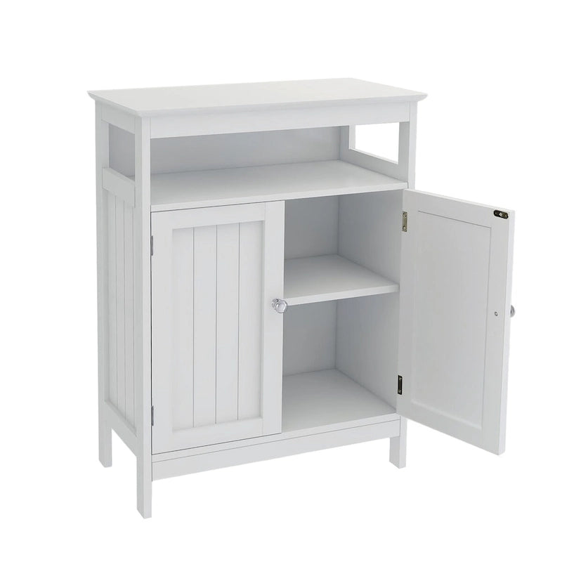 White Bathroom Standing Storage Cabinet with Double Doors, Open Shelf and Anti-Toppling Fittings