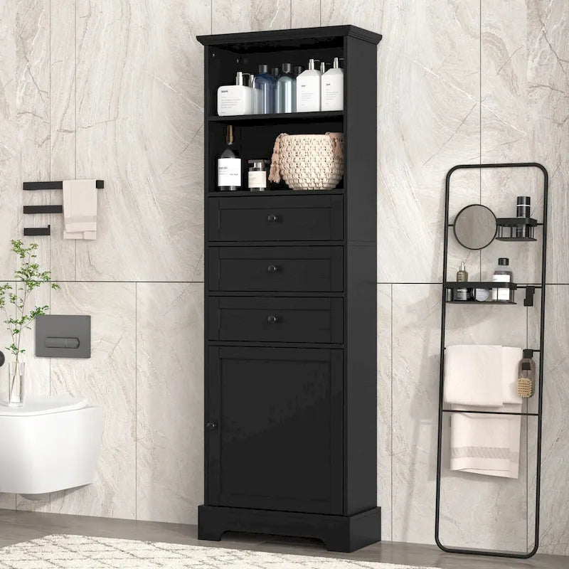 Black Tall Bathroom Storage Cabinet with 3 Drawers and Adjustable Shelves