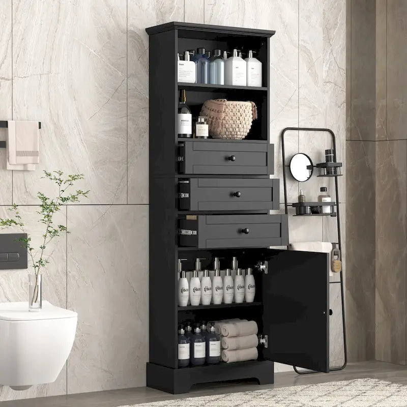 Black Tall Bathroom Storage Cabinet with 3 Drawers and Adjustable Shelves
