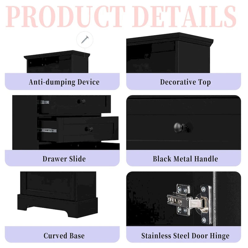 Black Tall Bathroom Storage Cabinet with 3 Drawers and Adjustable Shelves