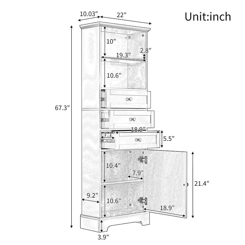 Black Tall Bathroom Storage Cabinet with 3 Drawers and Adjustable Shelves