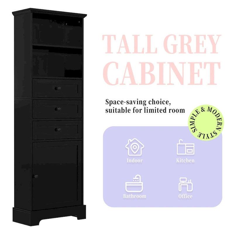 Black Tall Bathroom Storage Cabinet with 3 Drawers and Adjustable Shelves