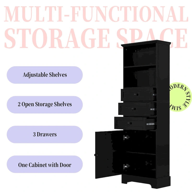 Black Tall Bathroom Storage Cabinet with 3 Drawers and Adjustable Shelves