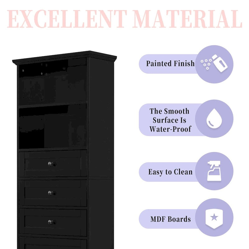 Black Tall Bathroom Storage Cabinet with 3 Drawers and Adjustable Shelves